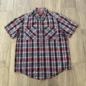 Merrell Hiking Shirt Men’s Medium UPF +20 Opti-Wick Cotton Red Blue Short Sleeve